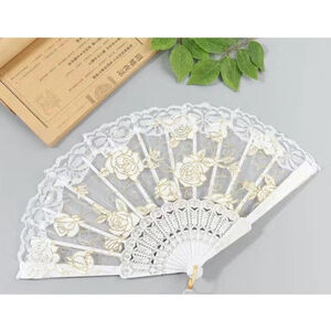 Folding Handheld Floral Lace Fan In White